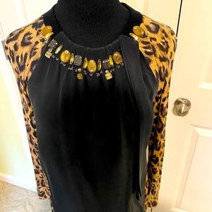 Tory Burch black silk blouse with animal print sleeves and back size small